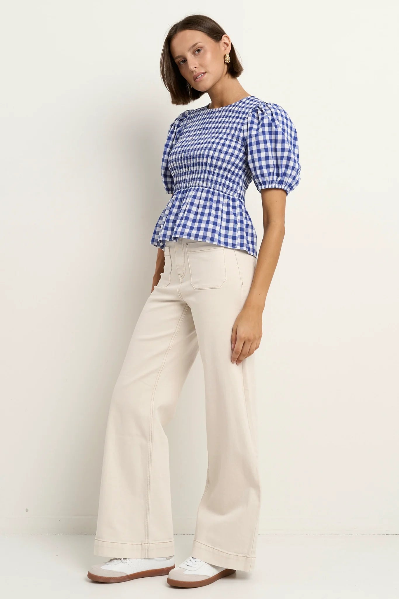 Requite Shirred Body SS Top (Navy Gingham)