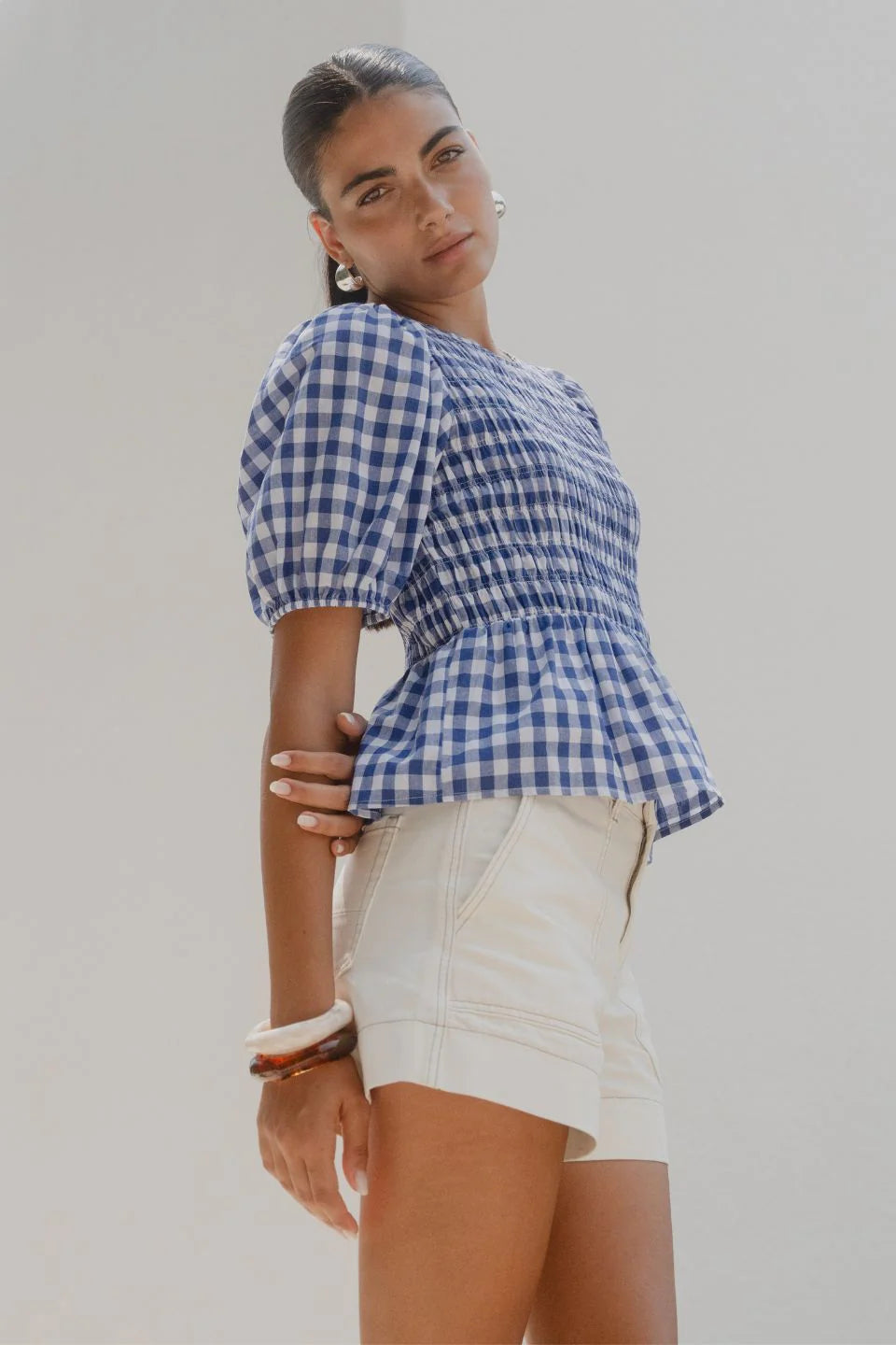 Requite Shirred Body SS Top (Navy Gingham)