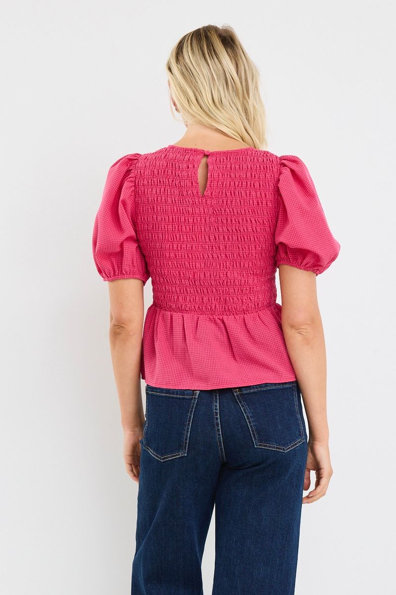 Requite Shirred Body SS Top (Raspberry Ditsy Gingham)