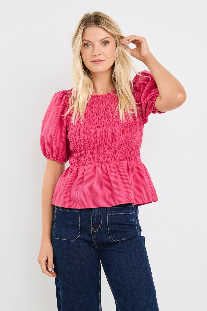 Requite Shirred Body SS Top (Raspberry Ditsy Gingham)