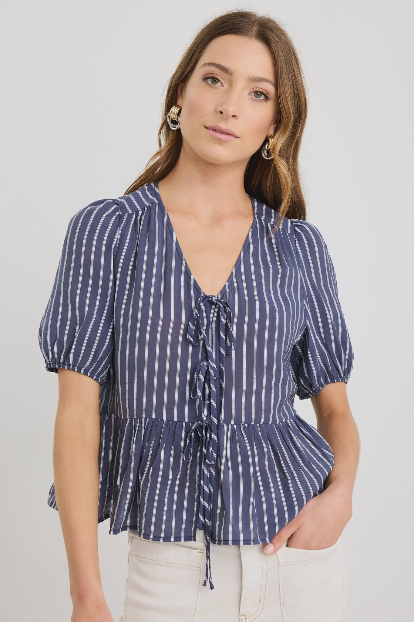 Restore Tie Front Peplum SS Top (Navy Stripe)