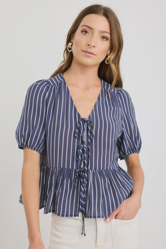 Restore Tie Front Peplum SS Top (Navy Stripe)