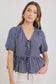 Restore Tie Front Peplum SS Top (Navy Stripe)