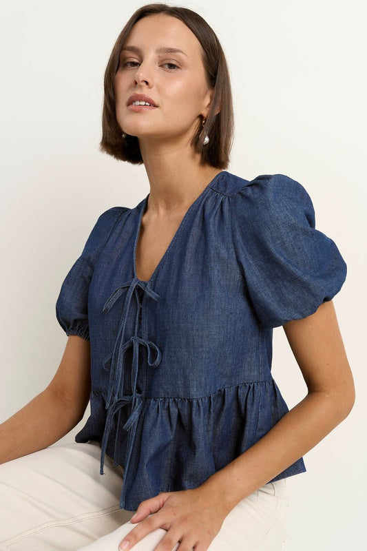 Restore Tie Front Peplum SS Top (Storm Blue Chambray)