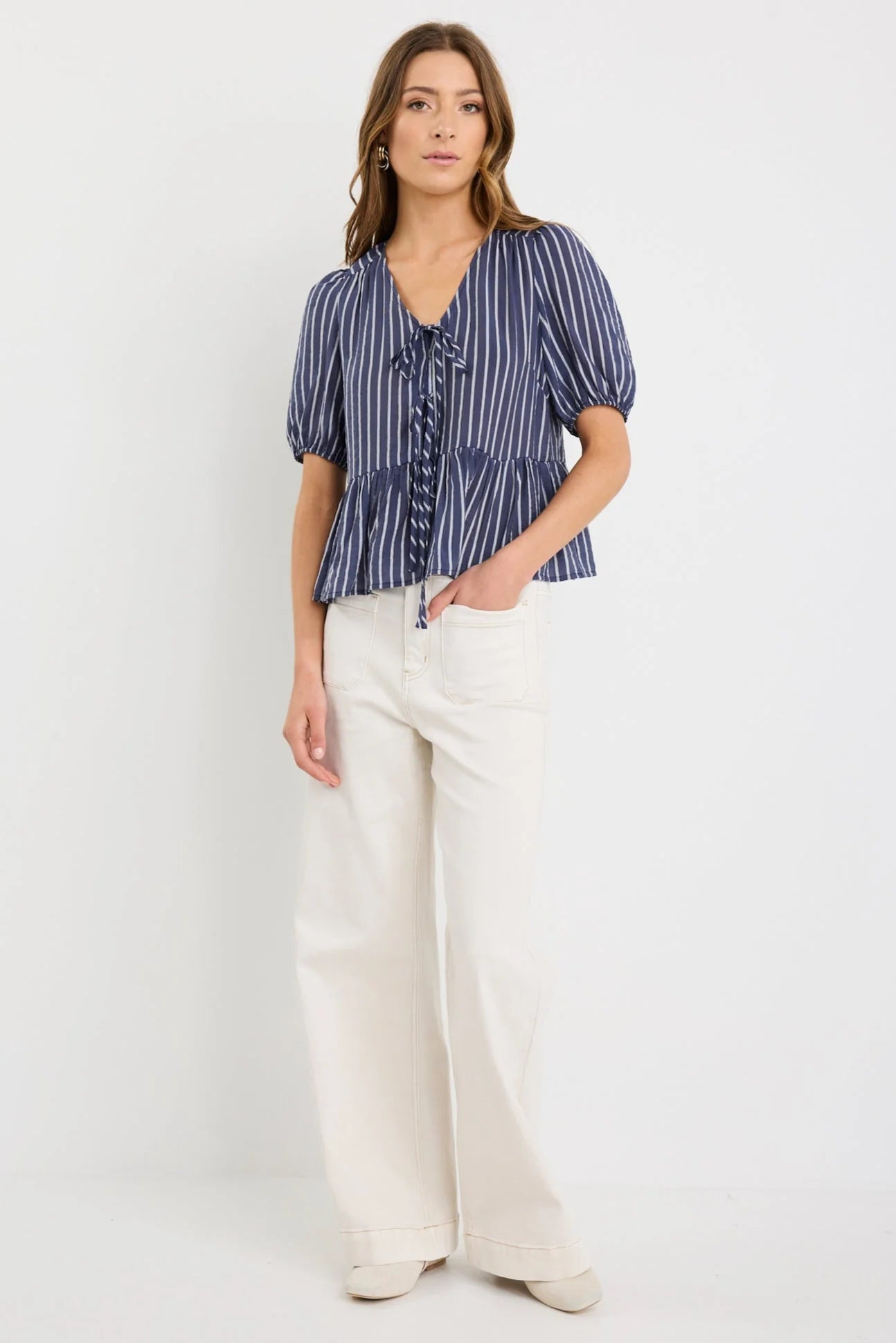 Restore Tie Front Peplum SS Top (Navy Stripe)