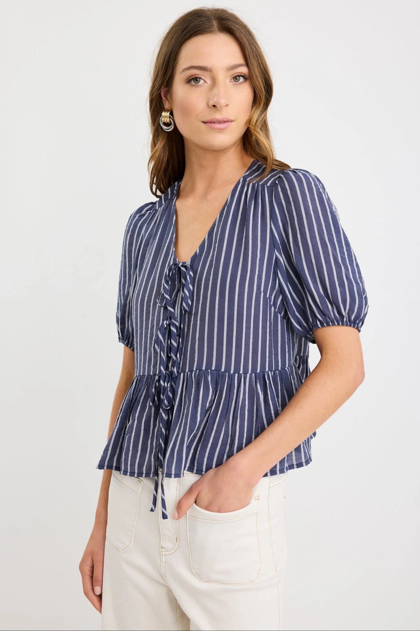 Restore Tie Front Peplum SS Top (Navy Stripe)