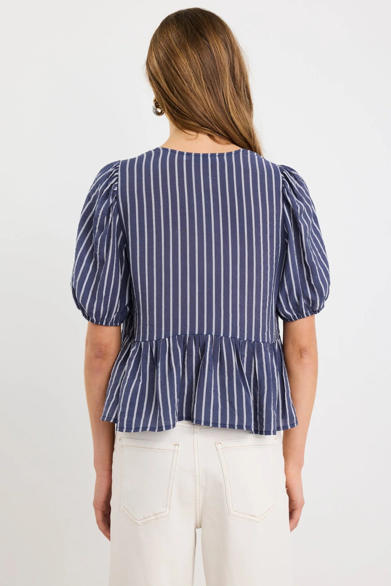 Restore Tie Front Peplum SS Top (Navy Stripe)