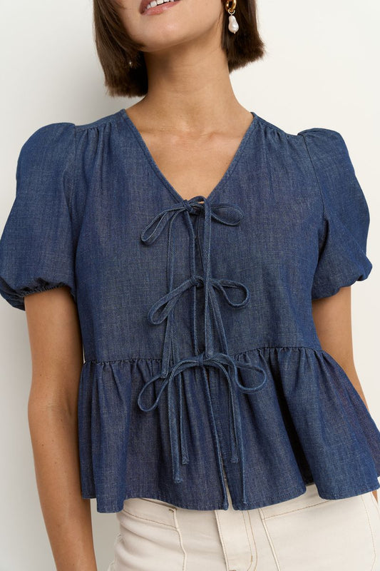 Restore Tie Front Peplum SS Top (Storm Blue Chambray)
