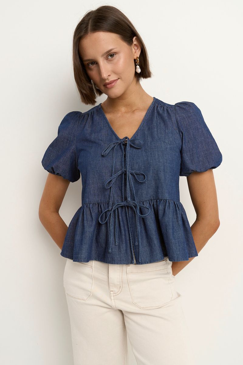 Restore Tie Front Peplum SS Top (Storm Blue Chambray)