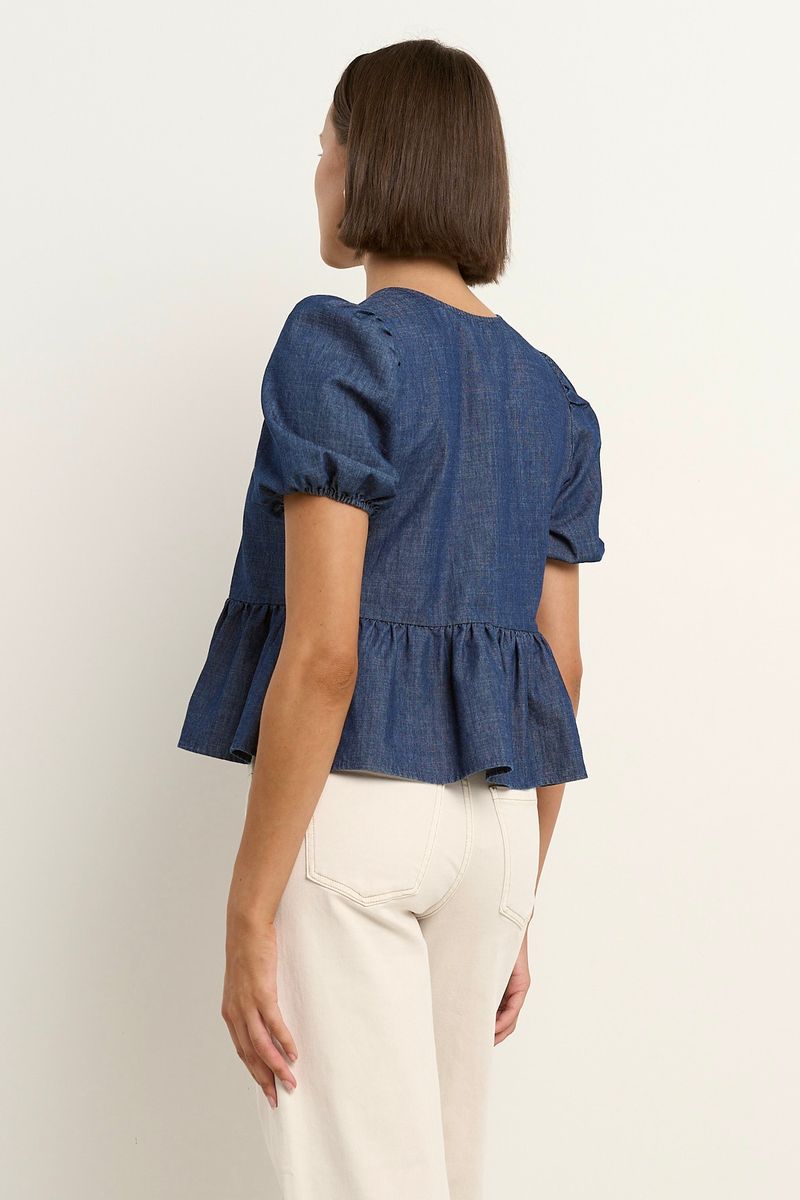 Restore Tie Front Peplum SS Top (Storm Blue Chambray)