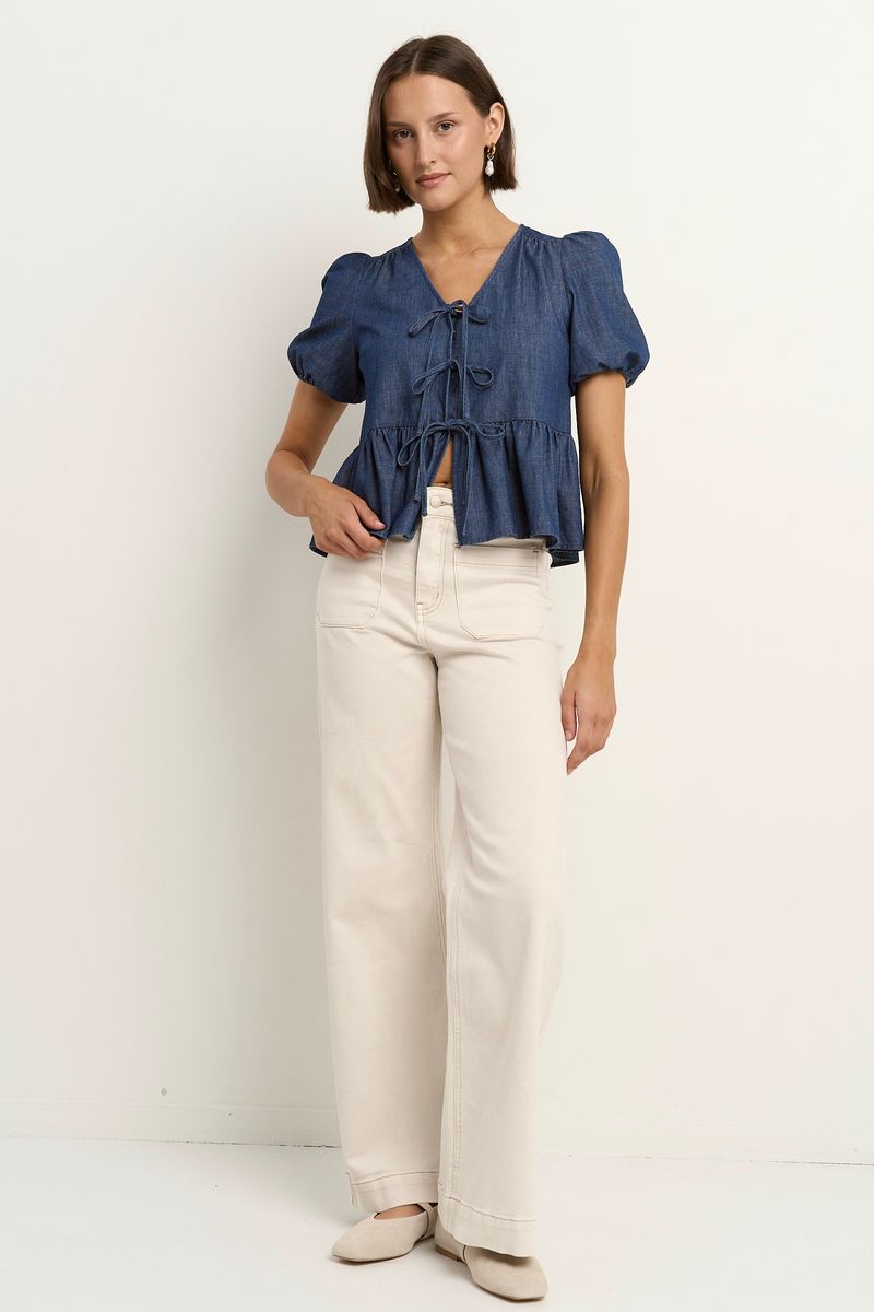 Restore Tie Front Peplum SS Top (Storm Blue Chambray)