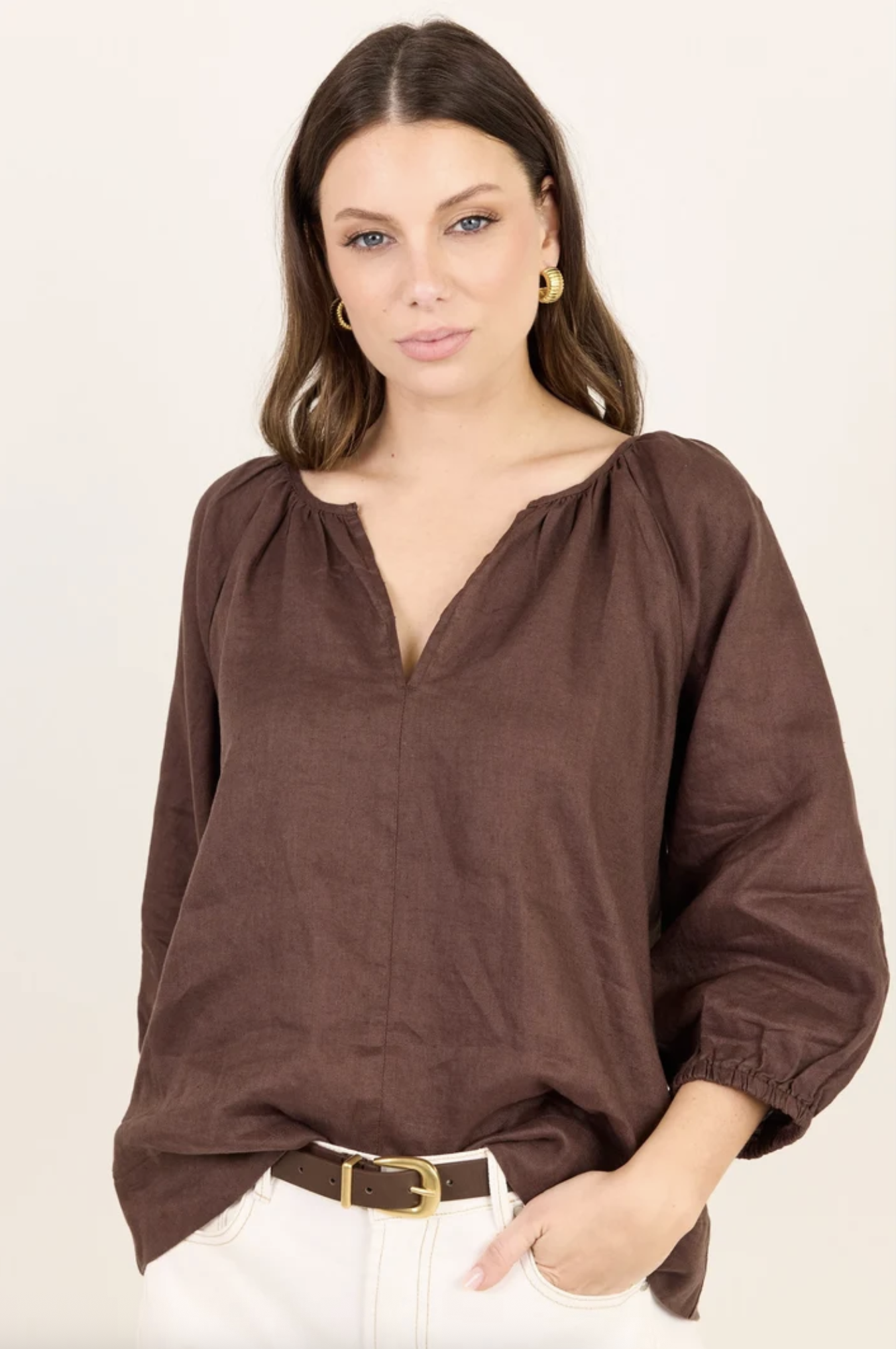 RE:UNION Revolutionary Linen Relaxed  Long Sleeve Top Dark Chocolate | Women's Clothing | Gretel Lane