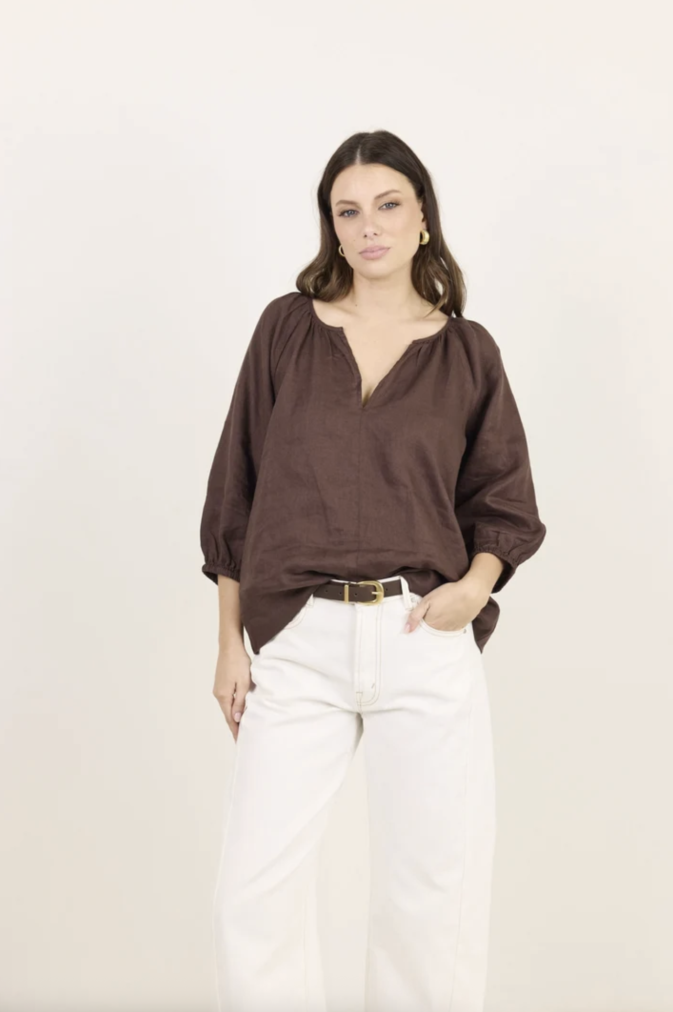 RE:UNION Revolutionary Linen Relaxed  Long Sleeve Top Dark Chocolate | Women's Clothing | Gretel Lane