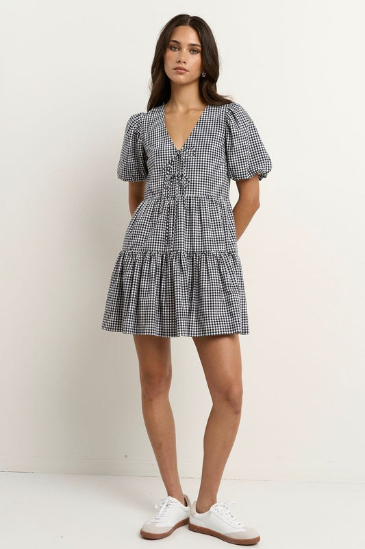 Roam Puff Sleeve Tie Front Mini Dress (Navy Gingham)