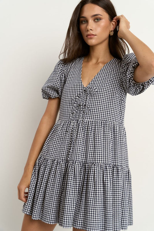 Roam Puff Sleeve Tie Front Mini Dress (Navy Gingham)