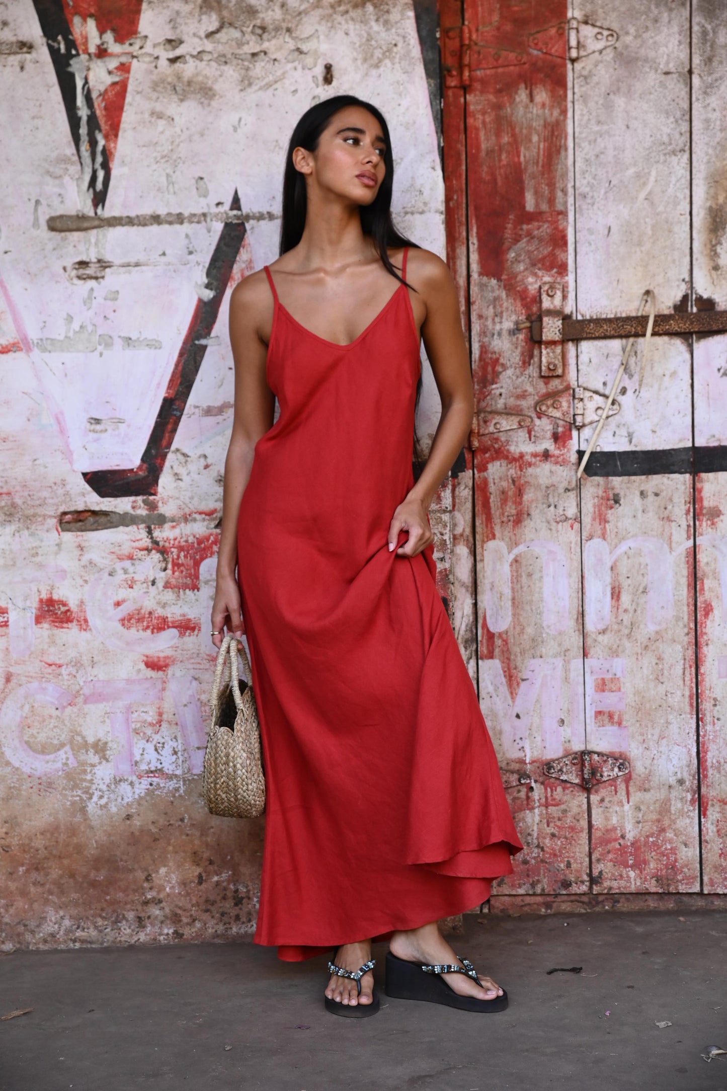 Coco Bias Dress (Cherry Linen Blend)