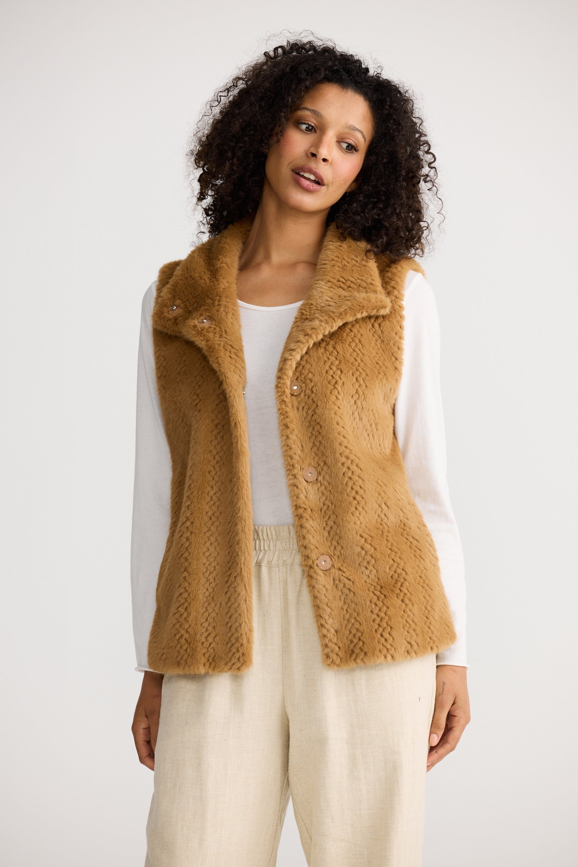 The Shanty Corporation Bruna Faux Fur Vest in Camel | Women's Vests | Gretel Lane
