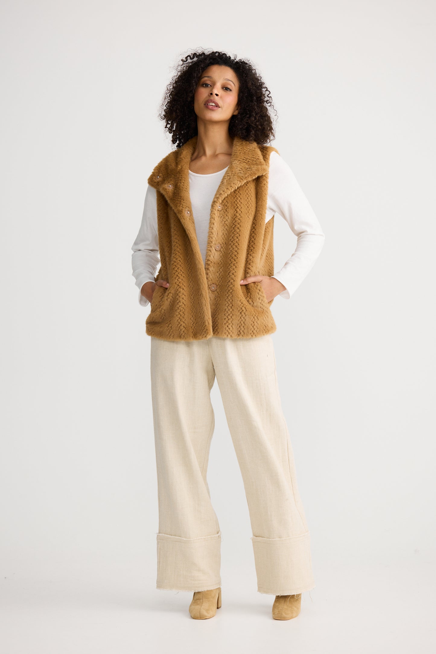 The Shanty Corporation Bruna Faux Fur Vest in Camel | Women's Vests | Gretel Lane