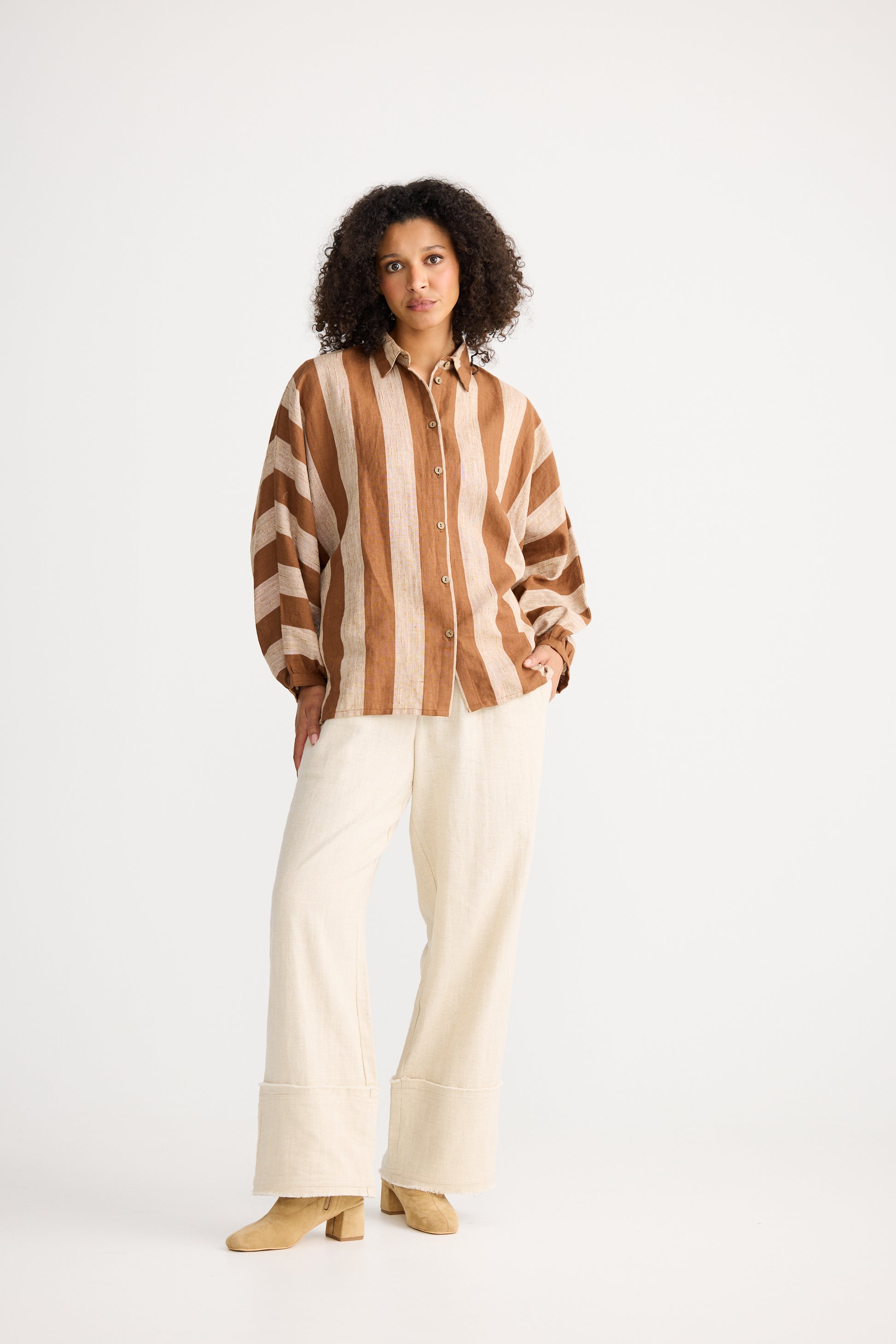 The Shanty Corporation Milano Linen Blend Shirt in Tan Stripe | Women's Clothing | Gretel Lane