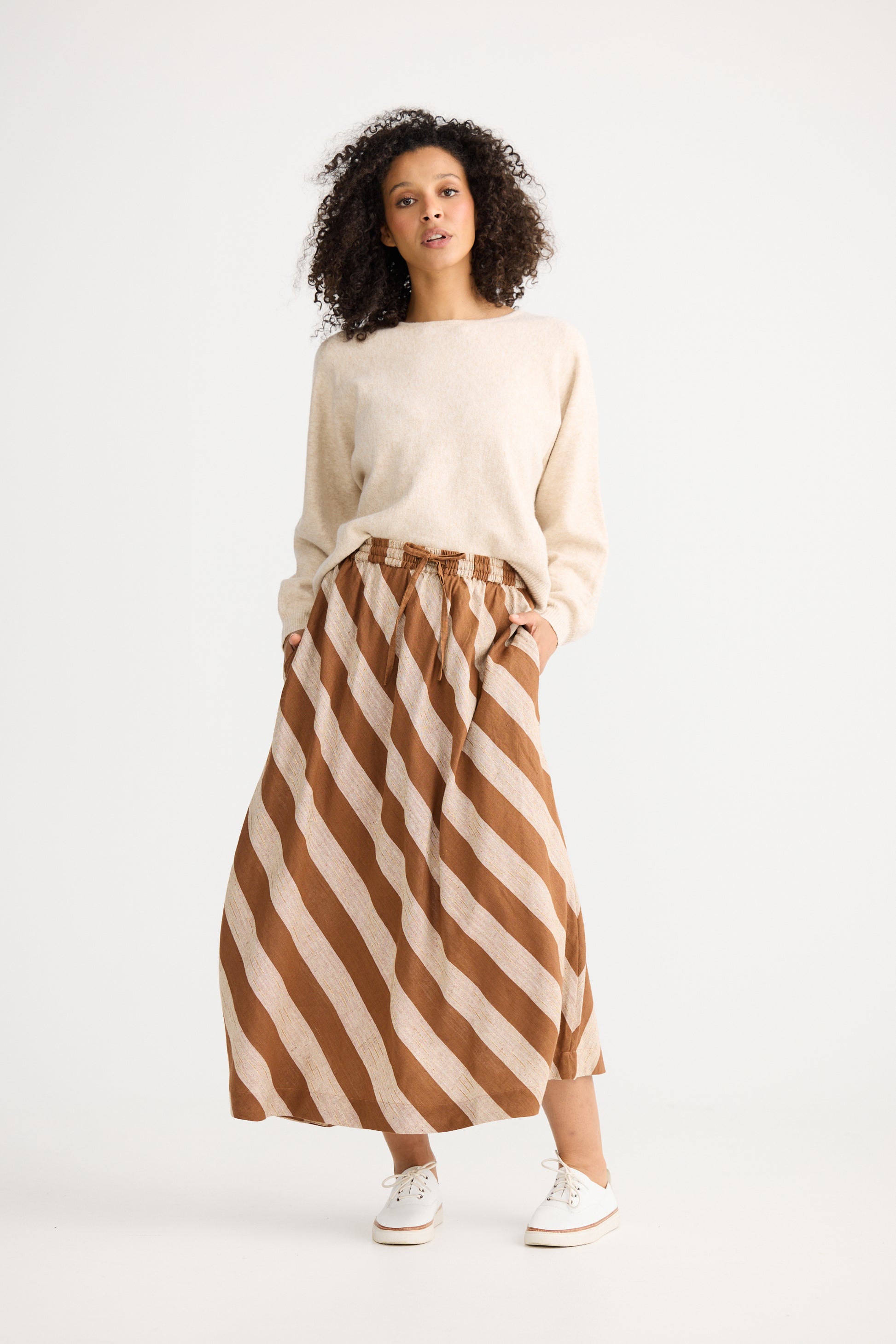 The Shanty Corporation Nadia Midi Skirt in Tan Stripe | Women's Clothing | Gretel Lane