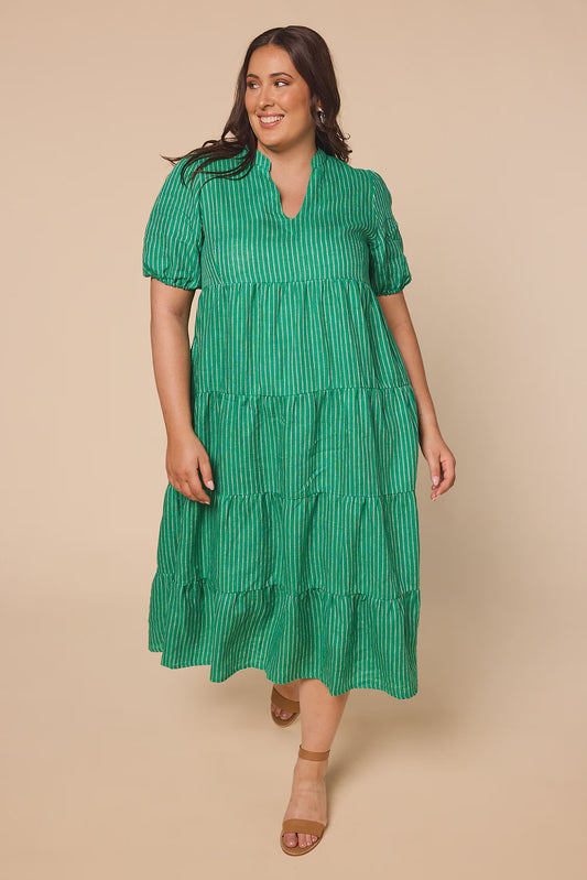 Sabre Linen V-Neck Dress (Emerald City)