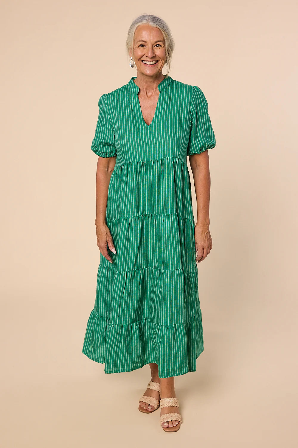 Sabre Linen V-Neck Dress (Emerald City)