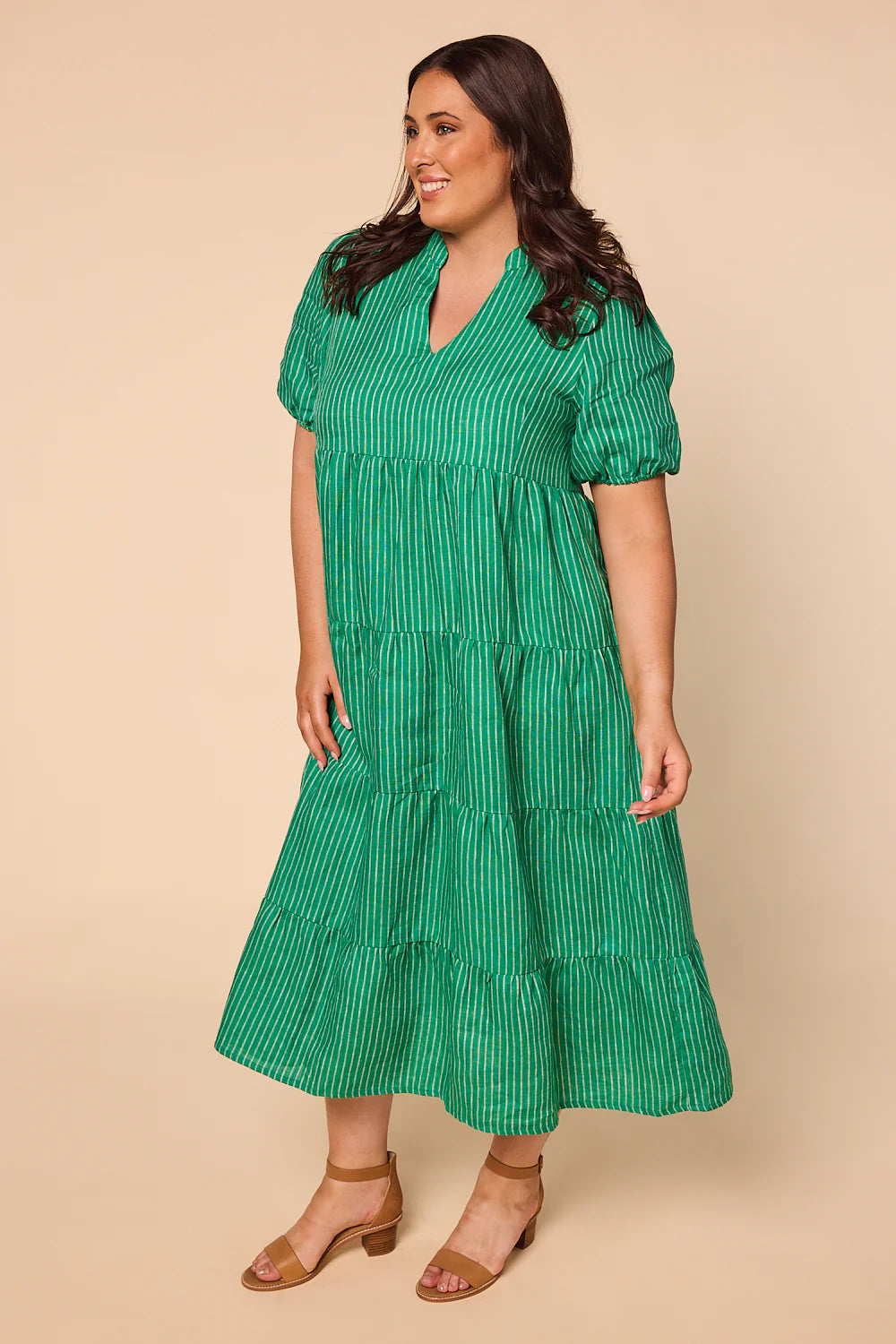 Sabre Linen V-Neck Dress (Emerald City)