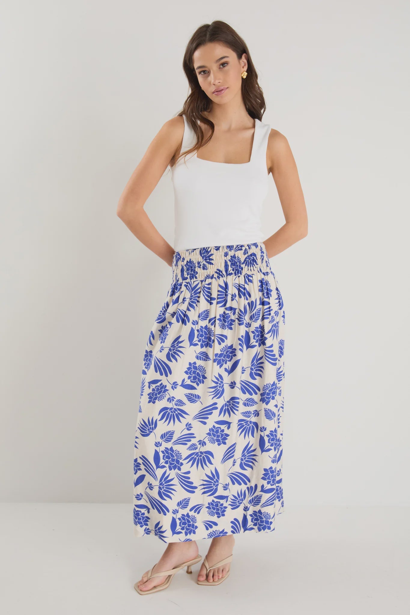 Sangria Viscose Blend Shirred Waist Maxi Skirt (Blue Lotus)