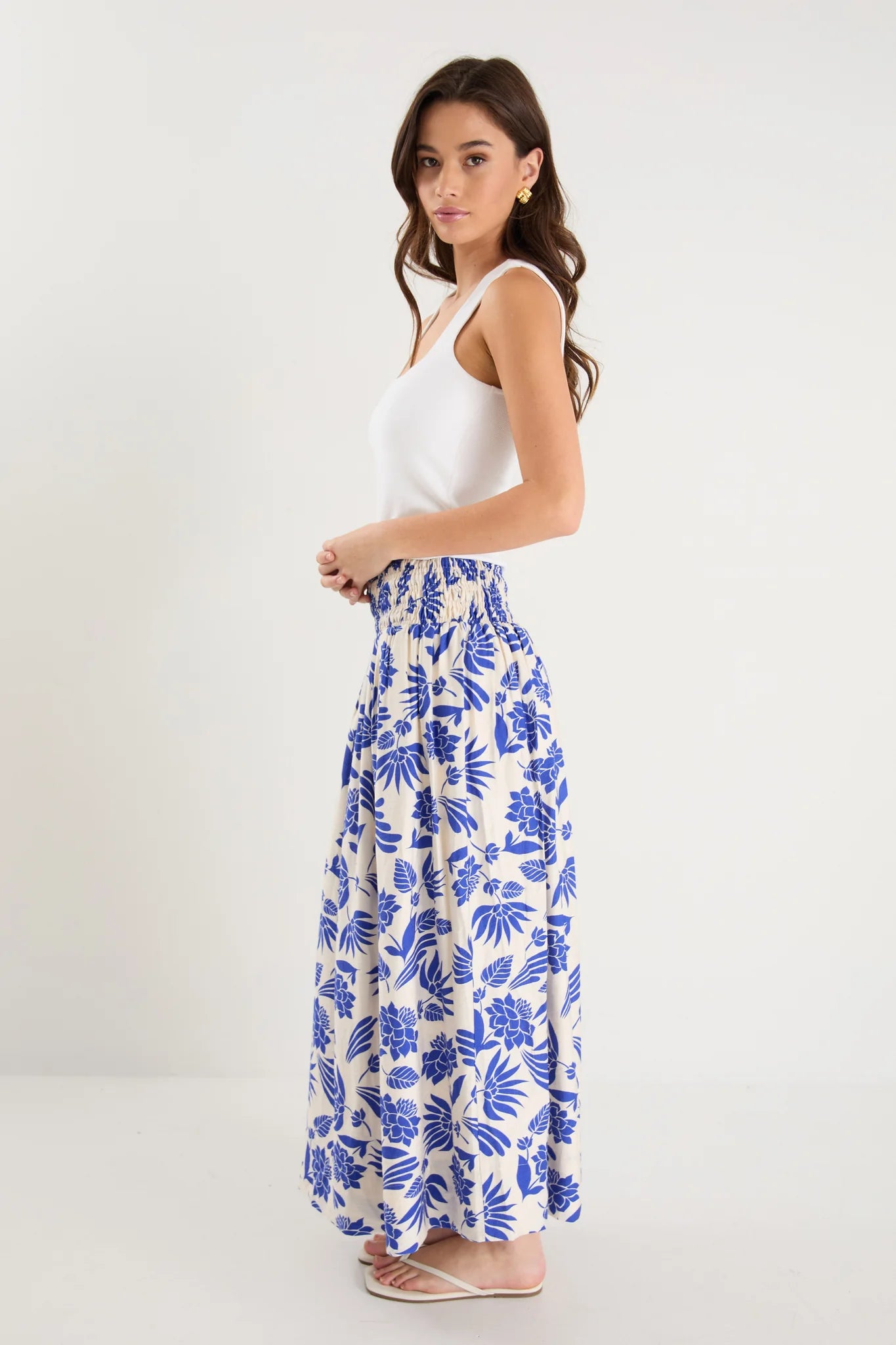 Sangria Viscose Blend Shirred Waist Maxi Skirt (Blue Lotus)