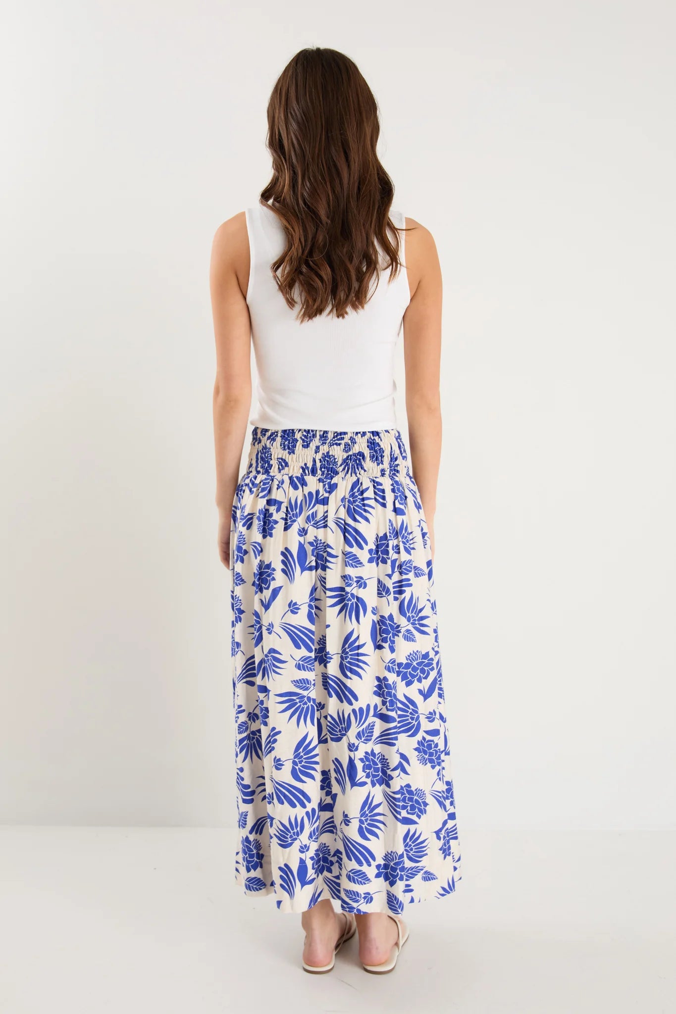 Sangria Viscose Blend Shirred Waist Maxi Skirt (Blue Lotus)