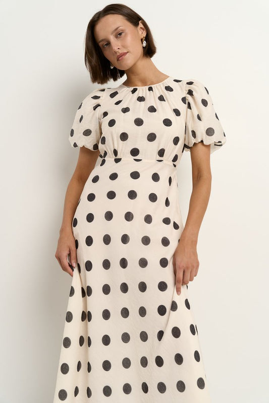 Stage Puff Sleeve Floaty Maxi Dress (Cream/Black Polka Dot)