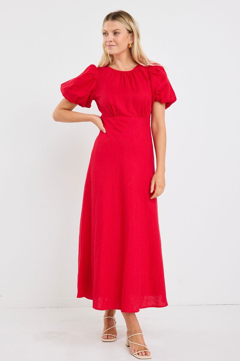 Stage Puff Sleeve Floaty Maxi Dress (Cherry)