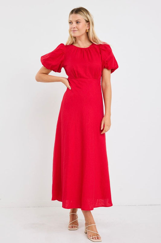 Stage Puff Sleeve Floaty Maxi Dress (Cherry)