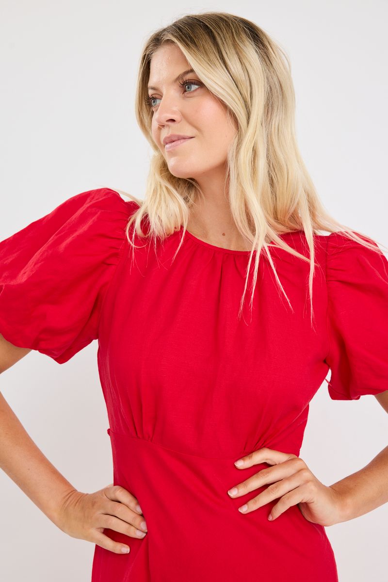 Stage Puff Sleeve Floaty Maxi Dress (Cherry)