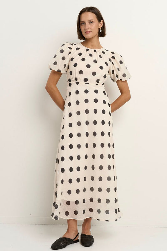 Stage Puff Sleeve Floaty Maxi Dress (Cream/Black Polka Dot)