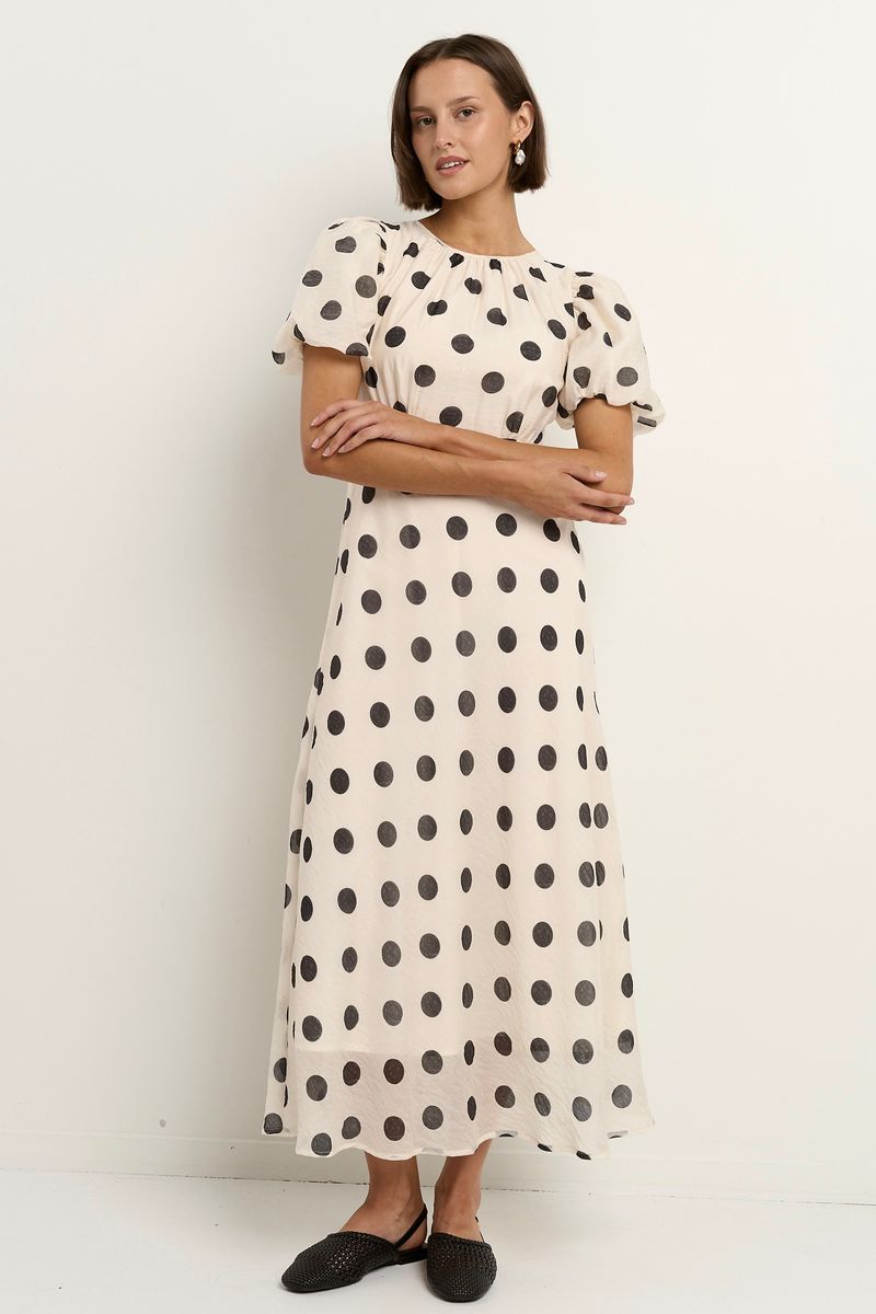Stage Puff Sleeve Floaty Maxi Dress (Cream/Black Polka Dot)