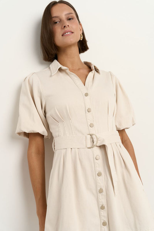 Sundown Denim Puff Sleeve Mini Dress (Ecru)