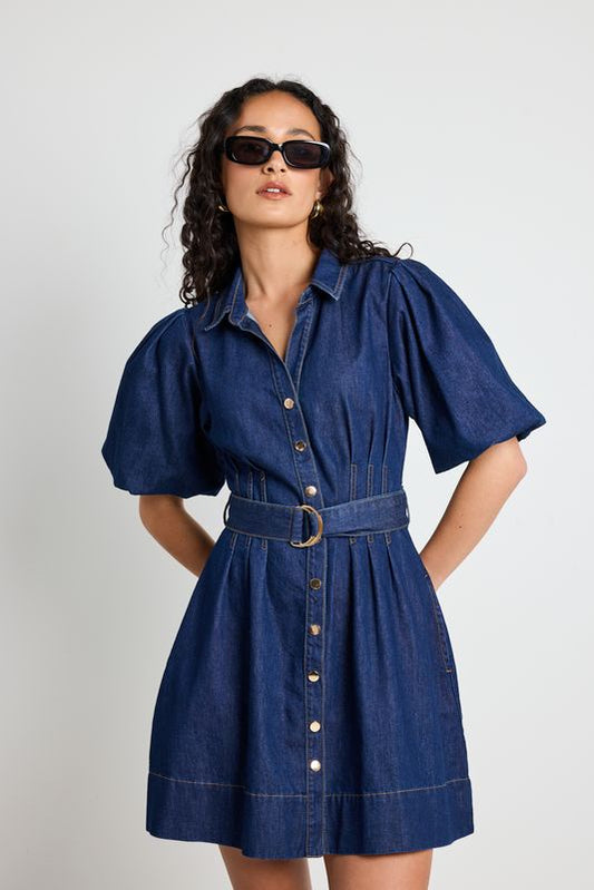 Sundown Puff Sleeve Denim Mini Dress (Indigo)
