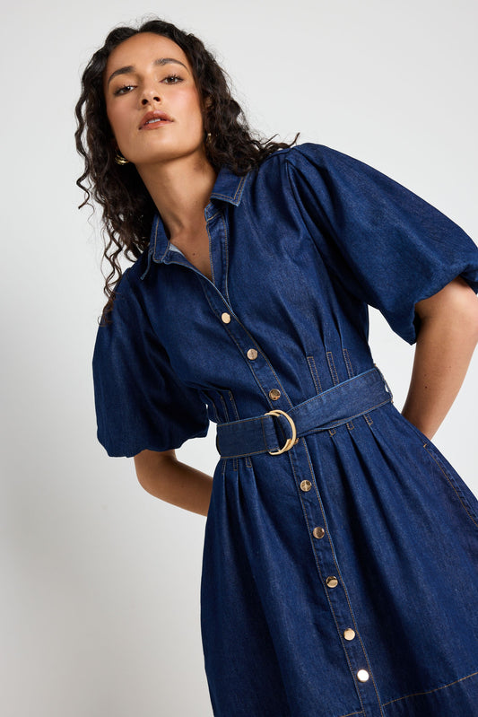 Sundown Puff Sleeve Denim Mini Dress (Indigo)
