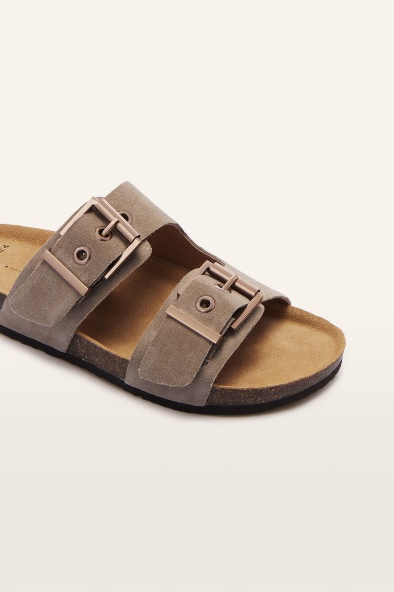 Frankie4 Tommy Podiatrist-designed Buckle Slide Mushroom Suede | Women's Shoes | Gretel Lane