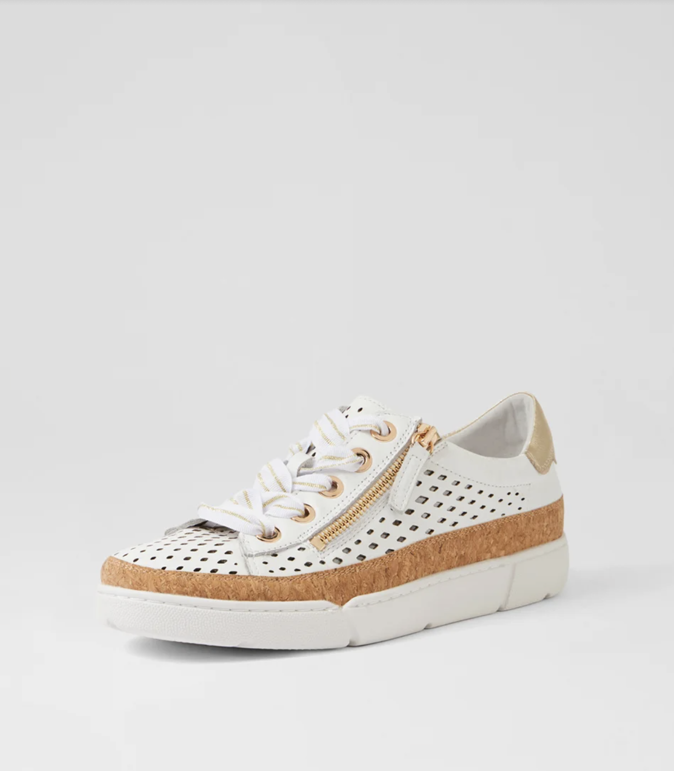Django & Juliette Torque Laser Cut Leather Zip Sneakers White-Pale Gold | Women's Shoes | Gretel Lane