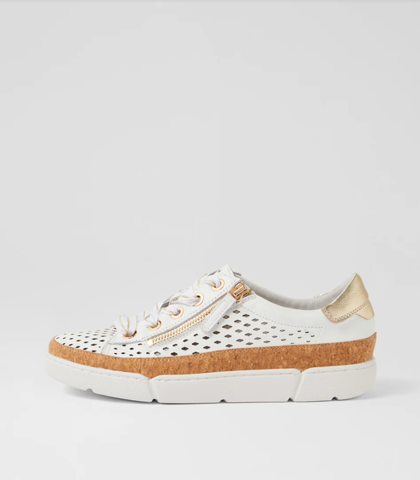 Django & Juliette Torque Laser Cut Leather Zip Sneakers White-Pale Gold | Women's Shoes | Gretel Lane