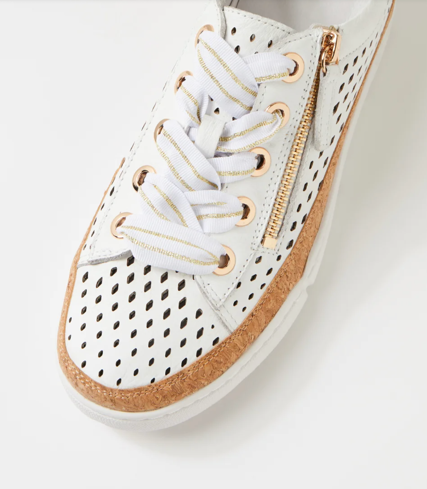 Django & Juliette Torque Laser Cut Leather Zip Sneakers White-Pale Gold | Women's Shoes | Gretel Lane