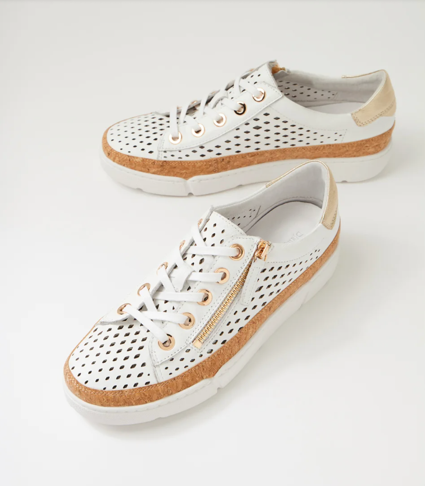 Django & Juliette Torque Laser Cut Leather Zip Sneakers White-Pale Gold | Women's Shoes | Gretel Lane