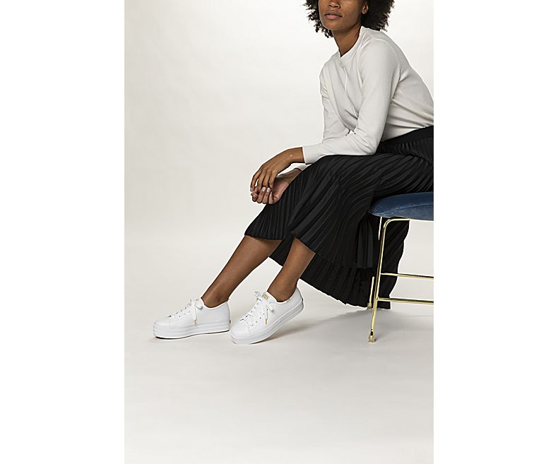 KEDS Triple Up Leather Lace Up Sneaker White with Gold | Women's Sneaker | Gretel Lane