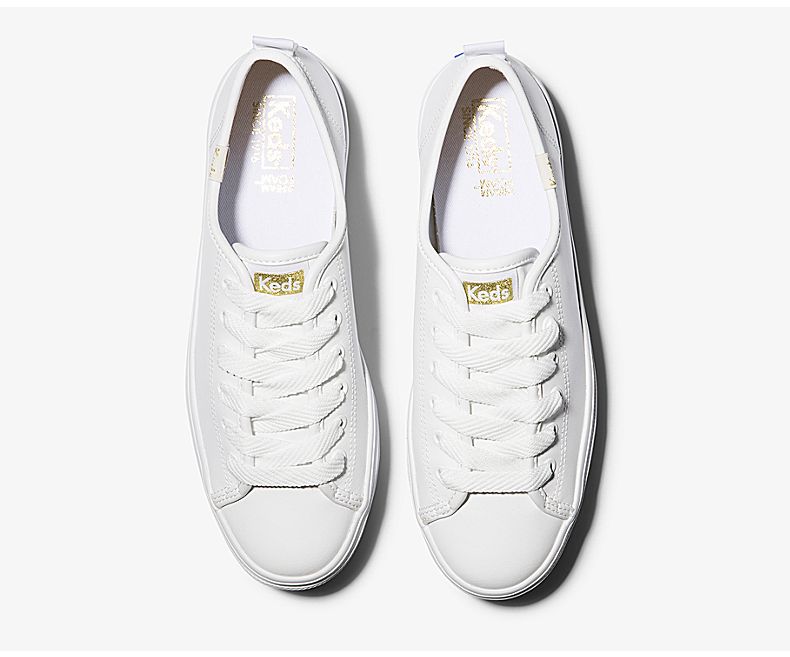 KEDS Triple Up Leather Lace Up Sneaker White with Gold | Women's Sneaker | Gretel Lane
