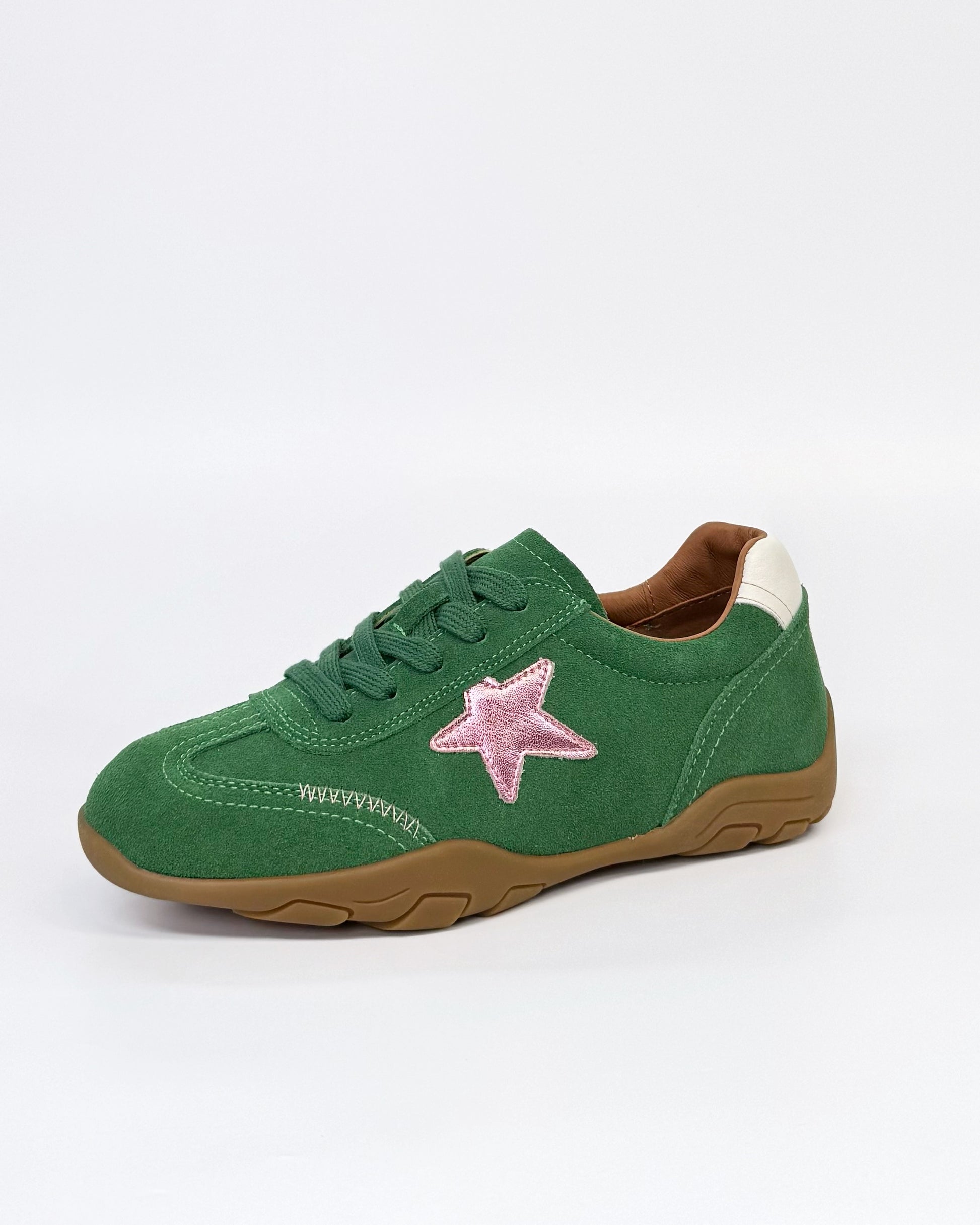 Alfie & Evie Truce Women's Lace-up Sneaker Green Suede with Pink Star | Women's Shoes | Gretel Lane