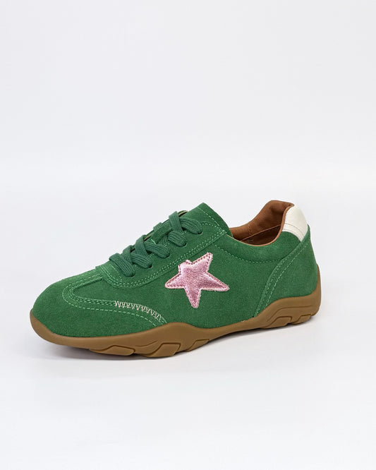 Alfie & Evie Truce Women's Lace-up Sneaker Green Suede with Pink Star | Women's Shoes | Gretel Lane