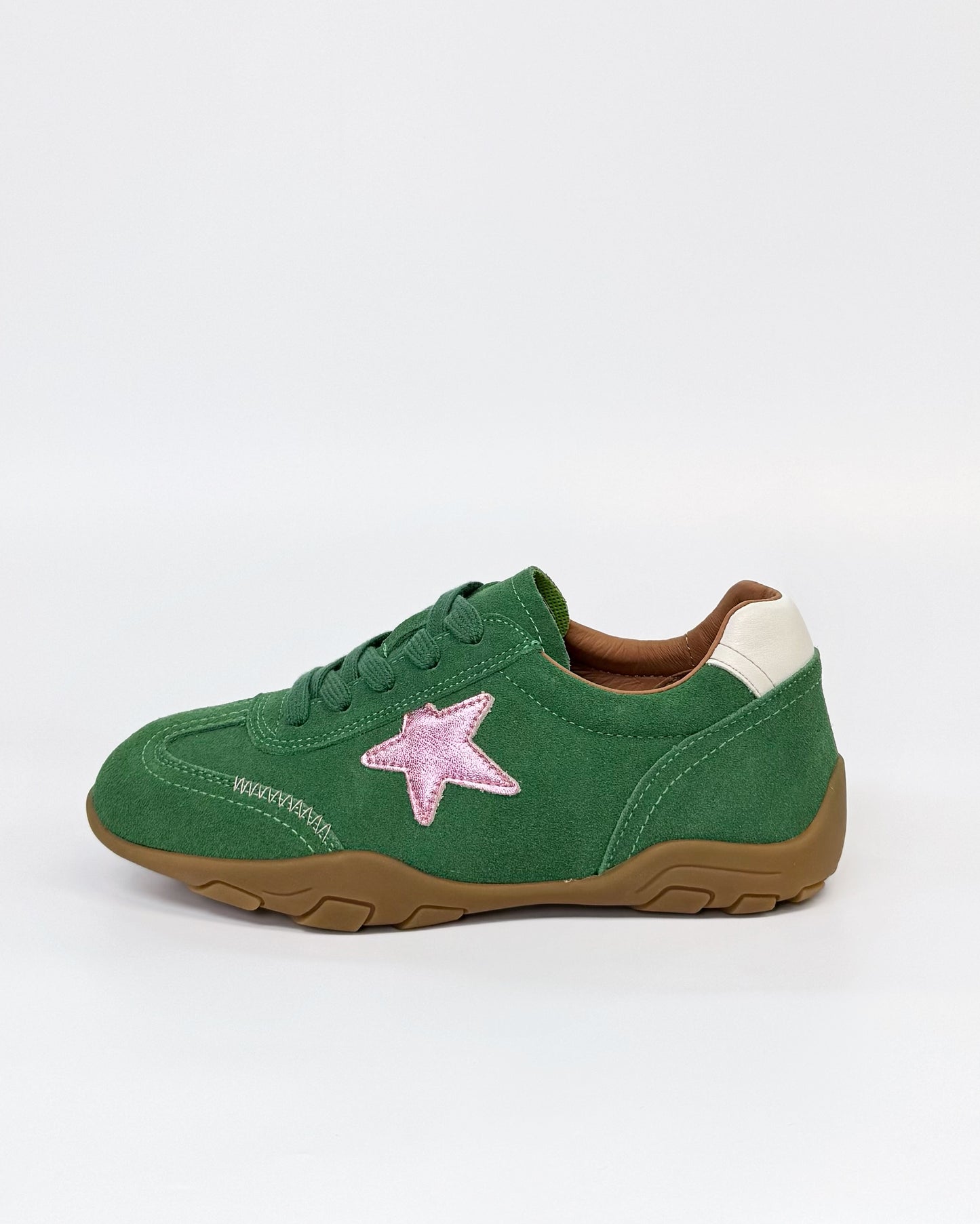 Alfie & Evie Truce Women's Lace-up Sneaker Green Suede with Pink Star | Women's Shoes | Gretel Lane