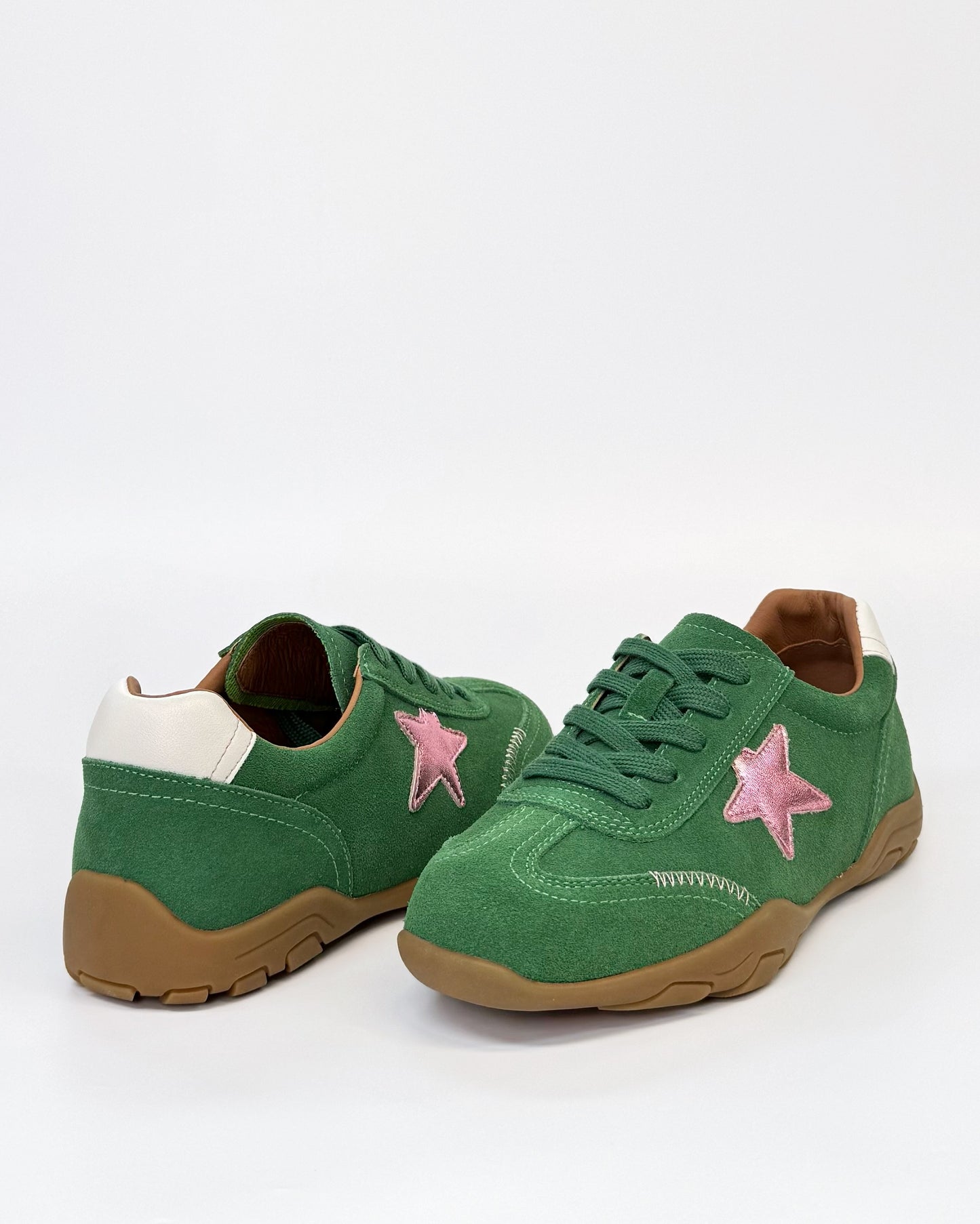 Alfie & Evie Truce Women's Lace-up Sneaker Green Suede with Pink Star | Women's Shoes | Gretel Lane